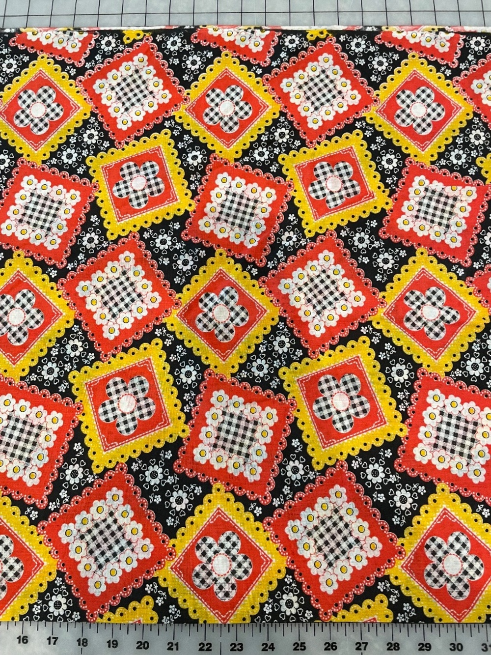 Vintage 70s Daisy Floral Checkerboard Bandanna Fabric BTY